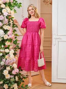 Vintage Sweet Square Neck Puff Sleeve Casual Snug Fit Mini Dress For Teenage Girls, Spring/Summer - Hot Pink - View 6