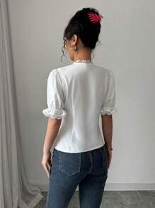Chiquease Women's Casual Short Sleeve V-Neck Tie Ruffle Splice Solid Color Shirt - White - View 2