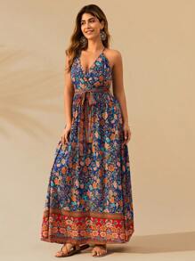 Breezaya Plus Size Women Floral Print Vintage Halter Neck Dress, Vacation Style - Multicolor - View 6