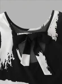 SHEIN Leap Crew Tween Girls Casual Woven Geometric Striped Print U-Back Bow Decor Loose Sleeveless Dress, Suitable For Spring/Summer, Spring Vacation, Country Style, Casual Outing, Back To School - Black - View 9