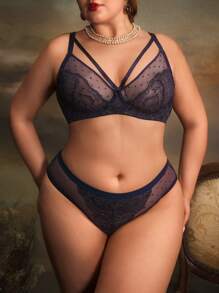 PinupPomp Vintage Palace Gold Lace Polka Dot Mesh Plus Size Lingerie Set - Navy Blue - View 4