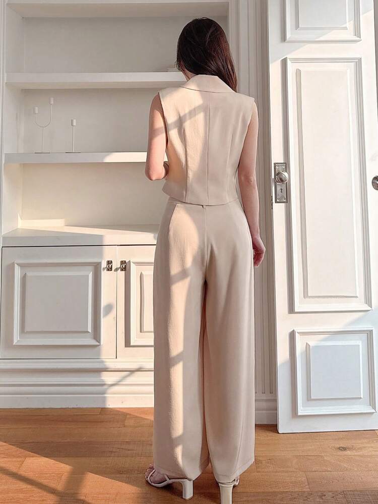Conjunto de Terno Feminino com Blazer Sem Mangas de Cor Sólida e Calça Perna Larga, Roupas de Trabalho para Mulheres, Traje de Negócios