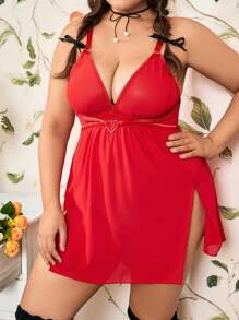 Spicy Aura Plus Size Heart Metal Ring High Slit Romantic & Sexy Lingerie - Red - View 4