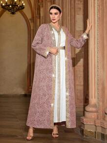 Al Najma Women Arab Robe Dress Set With Contrasting Woven Tape Long Sleeve,Modest - Multicolor - View 3