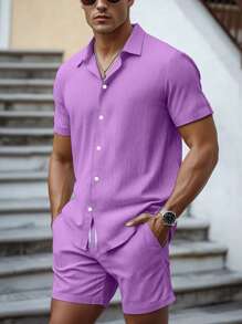 Manfinity RSRT Men's Solid Color Short Sleeve Shirt And Shorts Vacation Casual Set - Purple - View 1