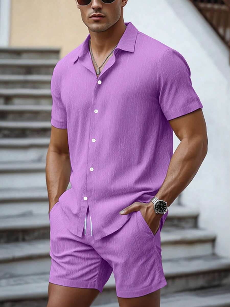Manfinity RSRT Men's Solid Color Short Sleeve Shirt And Shorts Vacation Casual Set - Purple - View 1