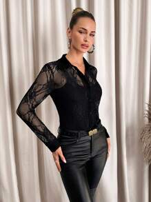 SHEIN Clasi Women's Single Breasted Lace Elegant Long Sleeve Blouse