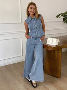 Livesso Women's Denim Casual Street Style Sleeveless Jacket And Wide Leg Pants Suit, Spring/Summer - Blue - View 6