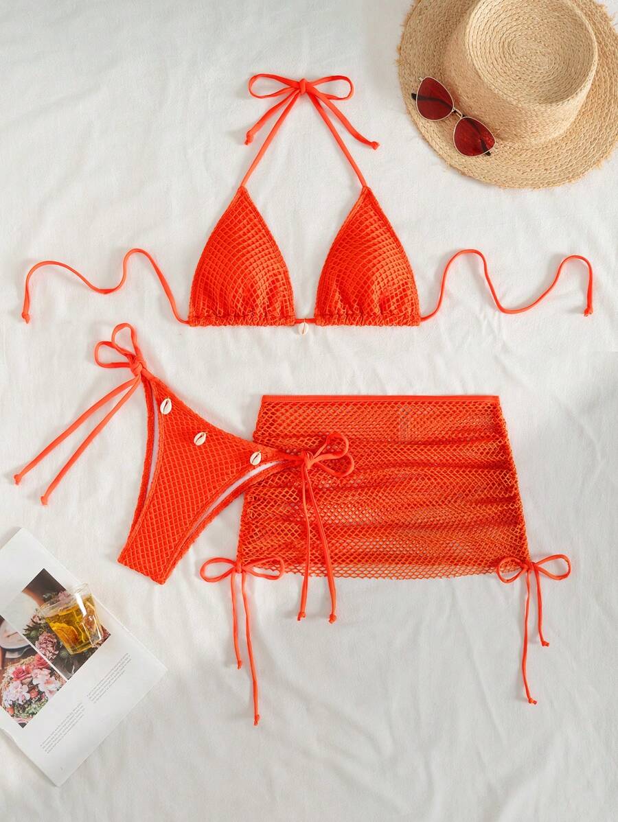 Swim Mod 3pcs/Set Women Spring Break Bikini Set Swimwear & Skirt, Beach Clothes For Summer Beach Vacation - Orange - View 1