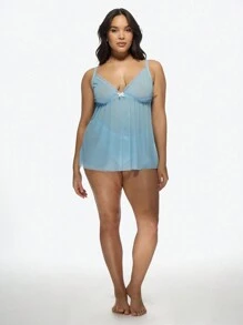 MISSGUIDED PLUS Plus Size Babydoll Lingerie With Lace Trim Empire Waist Mesh Nightwear Adjustable Straps Intimate Sleepwear Cami Top Spring Summer Collection - Blue - View 4