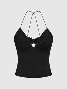 ROMWE Goth Áo hai dây hở lưng gợi cảm trang trí hình bướm ren tương phản - màu đen - Xem 2