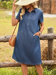 SHEIN LUNE Women Polo Collar Short Sleeve Pockets Straight Casual Denim Dress
