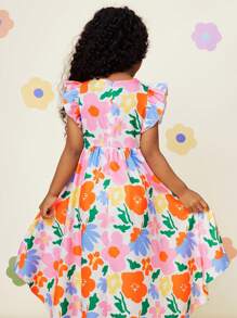 SHEIN CutesyCutie Young Girl's Woven Ditsy Floral Round Neck Ruffle Hem Fitted Dress
