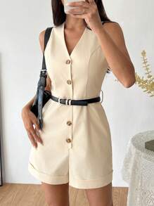 Flirla 简约 V 领无袖休闲连体裤 - 杏色 - 查看 3