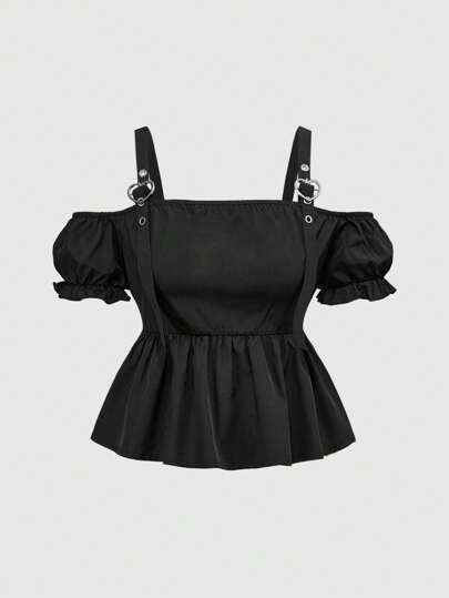 Kawaii Blusa da donna con design a spalle scoperte, con bottone a cuore in metallo e maniche a sbuffo a forma di bambola