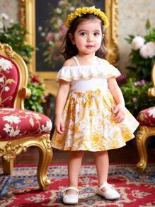 Baby Girl Clothing Golden Floral Print Camisole Shoulder Top And Skirt Elegant Summer Suit - Multicolor - View 1