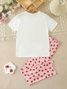 2pcs/Set Teen Girls Cute Sweet Strawberry Striped Print White Short Sleeve Top & Pants Set, Comfortable Crew Neck Summer/Spring Loungewear