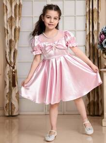 SHEIN Young Girl's Bubble Hem Princess Style Dress With Bow Decor, Pink, Mid-Length, Suitable For Outings, Gatherings, And Parties, Allows Little Girls To Become The Center Of Attention - Pink - View 1