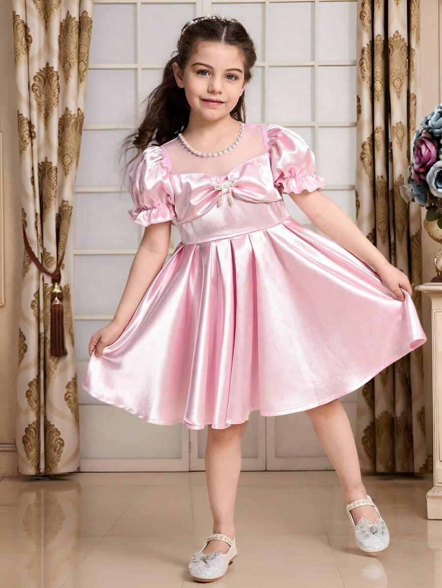 SHEIN Young Girl's Bubble Hem Princess Style Dress With Bow Decor, Pink, Mid-Length, Suitable For Outings, Gatherings, And Parties, Allows Little Girls To Become The Center Of Attention - Pink - View 1
