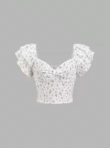 Sweetra 女式白色碎花盖袖方领修身衬衫，春夏 - 白色 - 查看 1