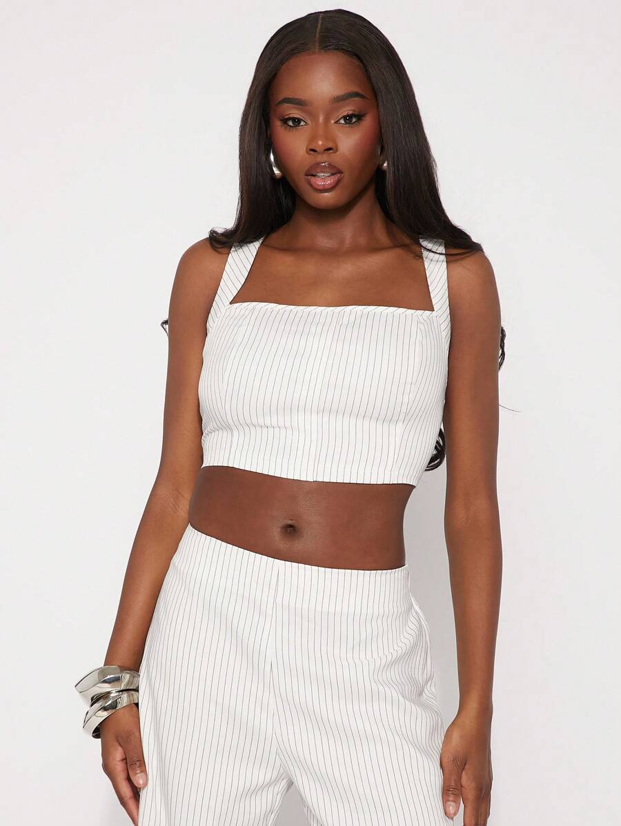 SHEIN Unity 春季方领细条纹节日无袖上衣夏季商务休闲办公室西服婚礼宾客特殊场合新娘晚宴舞会服装女士 - 白色 - 查看 1