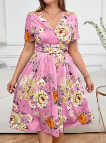SHEIN Clasi Plus Size Pink Floral Print Wrap V-Neck Short Sleeve Summer Dress With Pockets