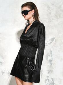 SHEIN LUNE Women's Stylish Design Cinched Waist Avant-Garde Sexy Texture Satin Collar Long Sleeve Shirt Fall Cloth For Women - Black - View 5