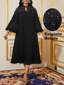 SHEIN Lady Decor cu aplicație din dantelă din plasă neagră Plisată Rochie lungă lejeră, cu manșete cu ciucuri, elegantă pentru petrecere, invitată la nuntă, toate anotimpurile