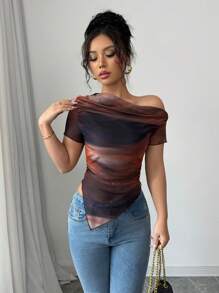 Elenzga Women's New Fashion Oblique Shoulder Short Sleeve Tie Dye Print T-Shirt - Multicolor - View 3