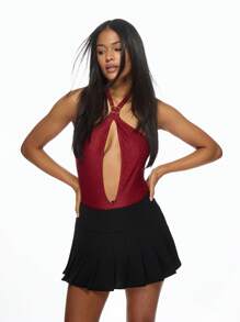 MISSGUIDED 闪光吊带单件泳衣，锁孔镂空细节，低胸领口，派对海滩度假，夏季假日，泳池游泳 - 紅色 - 查看 1