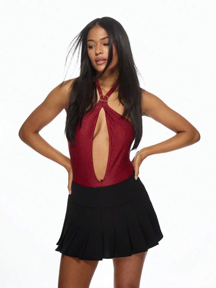 MISSGUIDED 闪光吊带单件泳衣，锁孔镂空细节，低胸领口，派对海滩度假，夏季假日，泳池游泳 - 紅色 - 查看 1