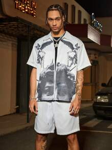 Manfinity Streetrush Conjunto de camisa para hombre Manfinity Streetrush con cremallera, corte holgado, camisa y pantalones cortos con estilo callejero y estampado de la estatua de David y querubín, regalo para novio