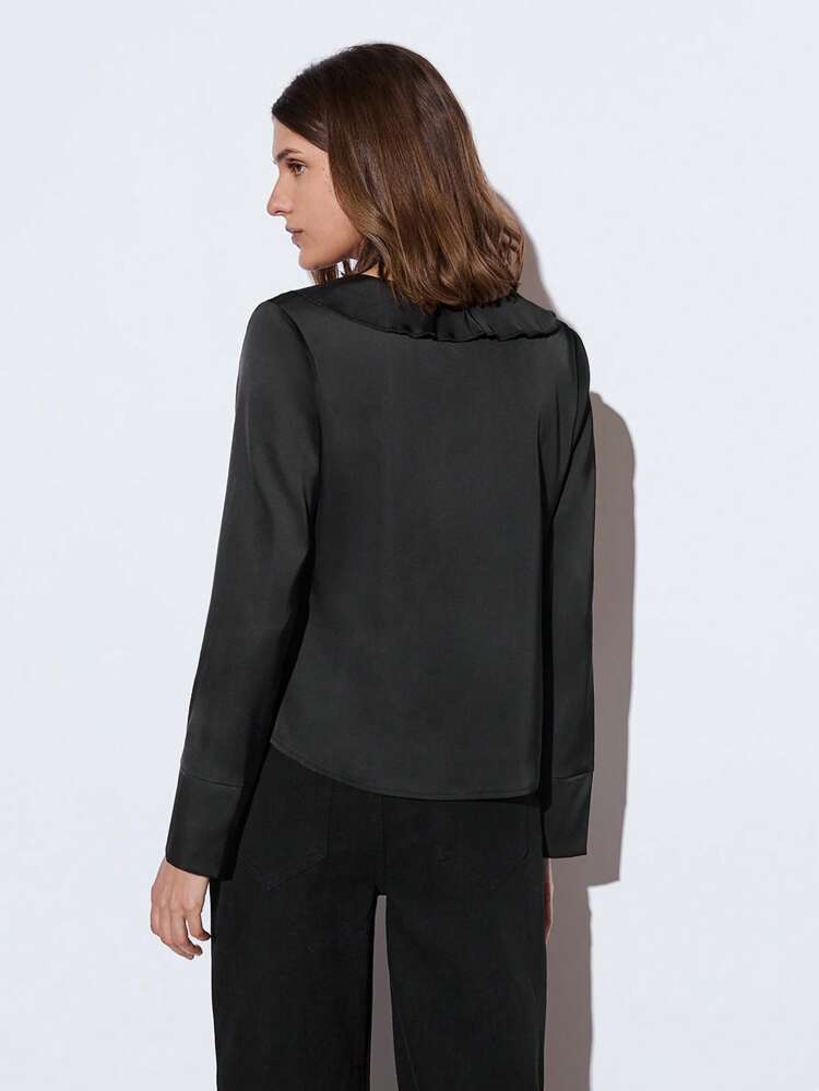 SHEIN Maija Urban Elegant Modern Spring/Summer New Black Ruffle Collar Cinched Waist Slim-Fit Women's Blouse, Versatile For Daily Casual, Romantic Vacation, Suitable For Going Out, Gatherings, Wedding Guest, Vintage Style, Perfect For Valentine's Day