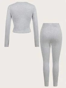 SHEIN Essnce 2 件套女士洛杉矶口号图案长袖紧身圆领 T 恤和高腰打底裤，适合春秋季节 - 淺灰色 - 查看 2