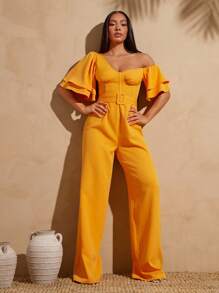 Vixey Asymmetrical Neck Off Shoulder Ruffle Sleeves Jumpsuit With Belt, Boho, Boho Women Clothing, Summer, Summer Outfits For Women, Spring Outfits For Women, Island Vacation Outfits - Orange - View 1