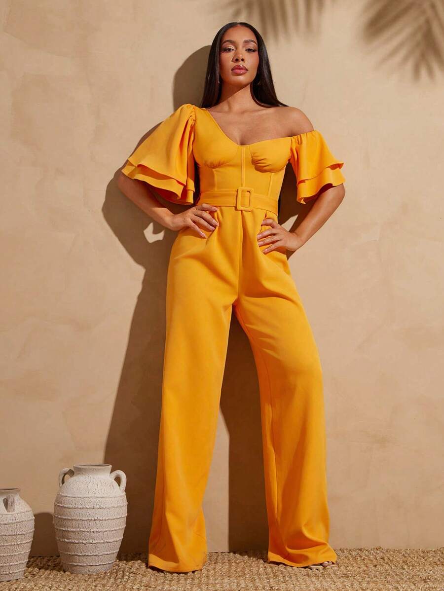 Vixey Asymmetrical Neck Off Shoulder Ruffle Sleeves Jumpsuit With Belt, Boho, Boho Women Clothing, Summer, Summer Outfits For Women, Spring Outfits For Women, Island Vacation Outfits - Orange - View 1