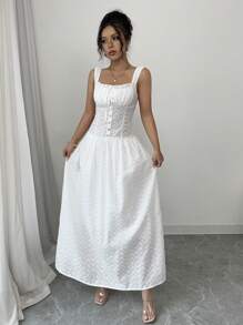 Airlisse Geborduurde effenkleurige getailleerde lijfjejurk met geplooide buste, strik aan de voorkant, ruchezoom, knoopsluiting in de taille, uitlopende jurk, elegante sexy bohemian stijl voor feestjes, vakantie, lente/zomer