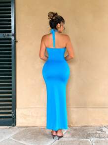 Zolique Women's Solid Color Halter Neck Simple Hollow Out Bodycon Casual  Blue Dress - Blue - View 2