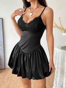 Flirla Women's Casual Lace Trim Peplum Hem Camisole Dress - Black - View 4