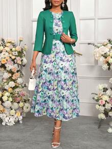 SHEIN Lady 优雅两件套纯色夹克搭配长款印花女装，适合所有季节 - 綠色 - 查看 3