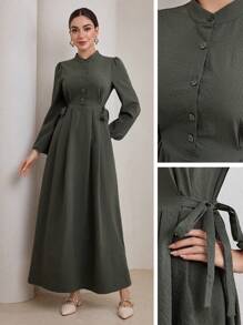 Graceveil Solid Color Arabic Long Sleeve Casual Dress, Minimalist & Fashion For Everyday Wear Modest - Army Green - View 2