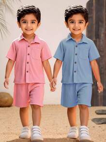 SHEIN 4pcs/Set Young Boy Casual Comfortable Pink & Blue Shirt And Shorts Outfit Sets, Siblings Matching Sets, Suitable For Kids Outfits, Back To School, Birthday Parties, Evening Events, Performances, Weddings, Baptisms, School Commencements. Suitable For Daily Wear, School, Travel, Sports, Styles, Spring, Summer