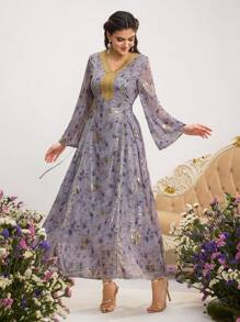 Al Najma Women Elegant Arabic Style Long Sleeve Gold Foil Pattern Patchwork Dress, Arabian Dresses