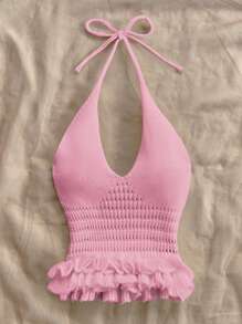 Soleia Áo len cổ yếm hở lưng viền bèo nhún giản dị - Hồng - Xem 5