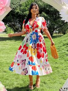 Breezaya Vestido de vacaciones con mangas abullonadas, cintura fruncida y estampado floral colorido en tallas grandes para mujer, primavera/verano