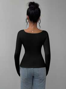 SHEIN BASICS Women's Casual Solid Color Knitted Fitted Long Sleeve Crew Neck Regular T-Shirt Playera Manga Larga Damawhite Top Long Sleevebasic Long Sleeve Tops - Black - View 6