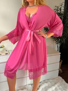 SHEIN Plus Size Lace Patchwork Minimalist Lounge Robe Set, Casual Everyday Wear - Hot Pink - View 3