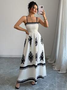 Elenzga Rochie imprimată fără mâneci pentru femei - Caisă - Vizualizare 4