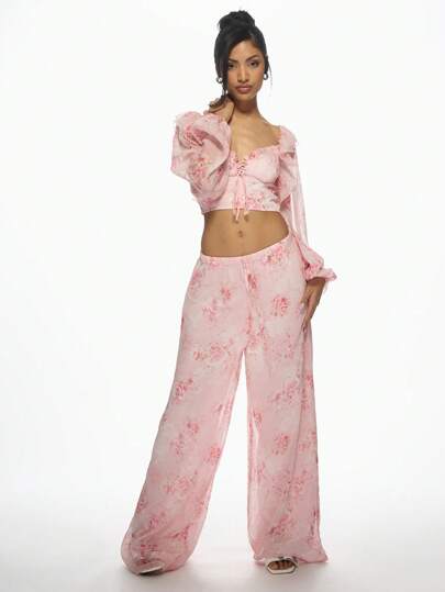 MISSGUIDED Floral Chiffon Two-Piece Ruffle Crop Top And Palazzo Pants ...
