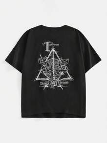 HARRY POTTER X SHEIN Plus Size  Casual Geometric And Slogan Print Drop Shoulder Loose Long Sleeve Black T-Shirt Summer - Black - View 5